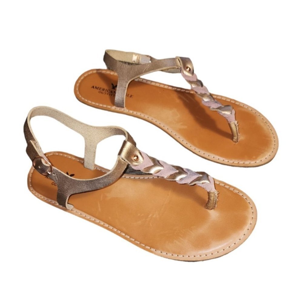 American Eagle Women Metallic Gold Braided Strap Thong Sandals Size 9